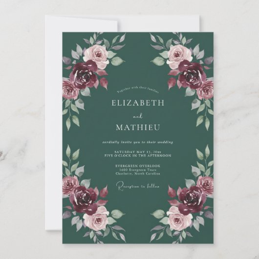 Invitation Mariage Romantique Floral Vert Profond (Devant)