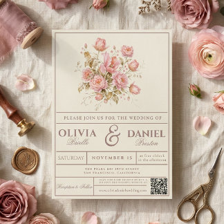 Invitation Mariage romantique floral vintage avec rose poudré