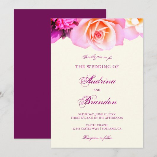 Invitation Mariage romantique Fuchsia Floral Élégant (Devant / Derrière)