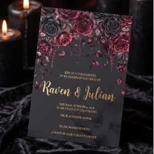 Invitation Mariage Romantique Gothique Floral Bourgogne en Ca