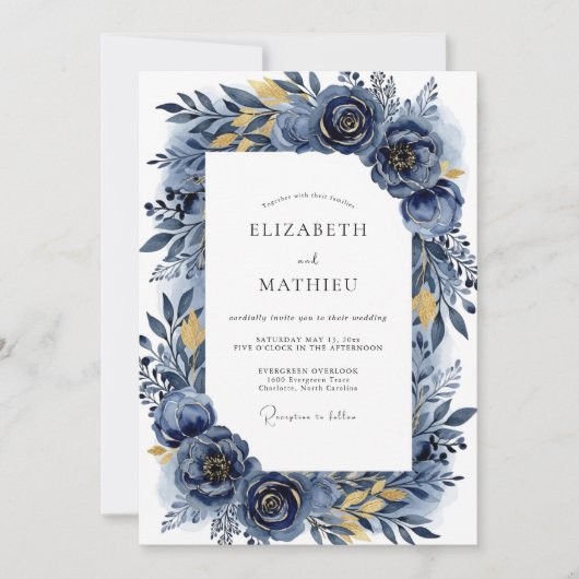 Invitation Mariage Romantique Indigo Flourish (Devant)
