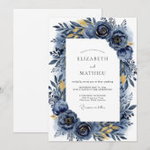 Invitation Mariage Romantique Indigo Flourish (Devant / Derrière)