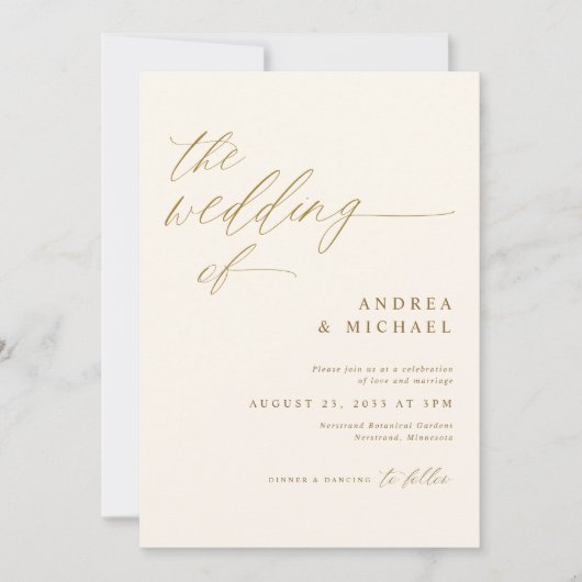 Invitation Mariage Romantique Moderne Crème et Or (Devant)