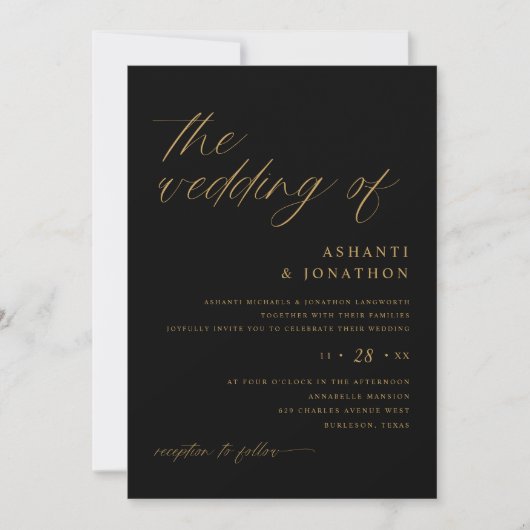 Invitation Mariage romantique moderne noir et or (Devant)