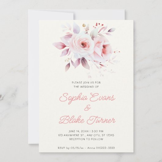 Invitation Mariage Romantique Moderne Roses Roses Blanches Cr (Devant)