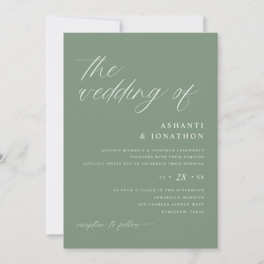 Invitation Mariage Romantique Moderne Vert Sauge (Devant)