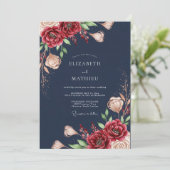 Invitation Mariage romantique Navy Bloom (Debout devant)
