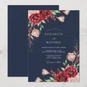 Invitation Mariage romantique Navy Bloom (Devant / Derrière)
