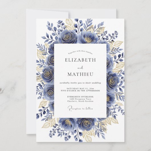 Invitation Mariage Romantique Navy Fleurie Dorée (Devant)