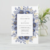 Invitation Mariage Romantique Navy Fleurie Dorée (Debout devant)