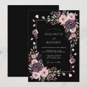 Invitation Mariage Romantique Noir de Minuit (Devant / Derrière)