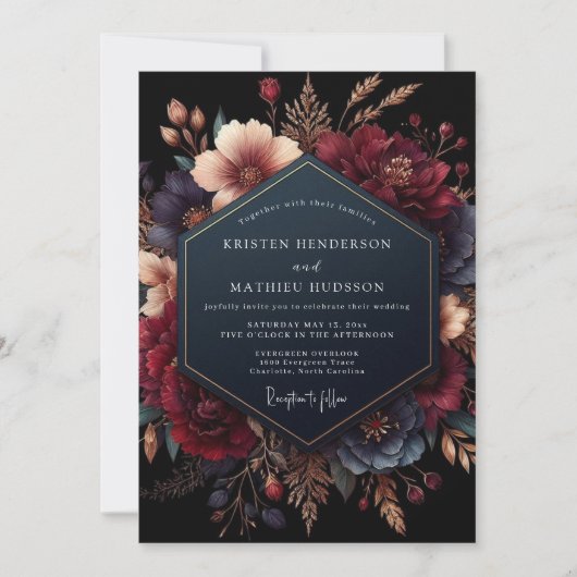 Invitation Mariage Romantique Opulent avec Fleurs de Bourgogn (Devant)