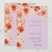 Invitation Mariage Romantique Oranges & Roses Blanches Lilas (Devant / Derrière)