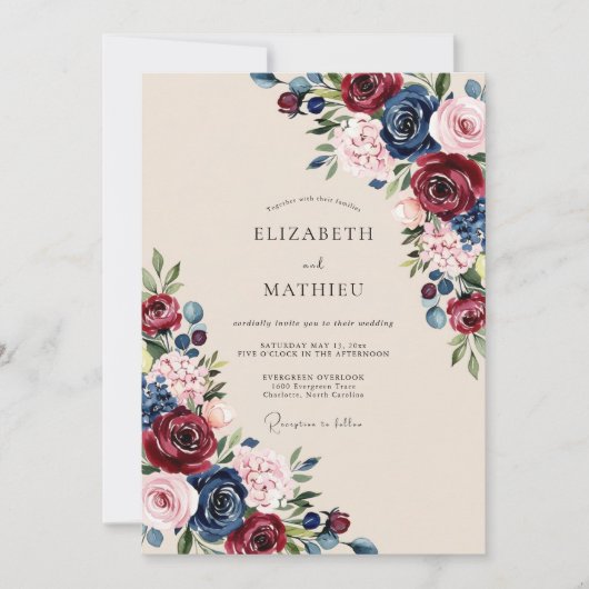 Invitation Mariage romantique riche en bordeaux marine (Devant)