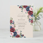 Invitation Mariage romantique riche en bordeaux marine (Debout devant)