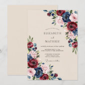 Invitation Mariage romantique riche en bordeaux marine (Devant / Derrière)
