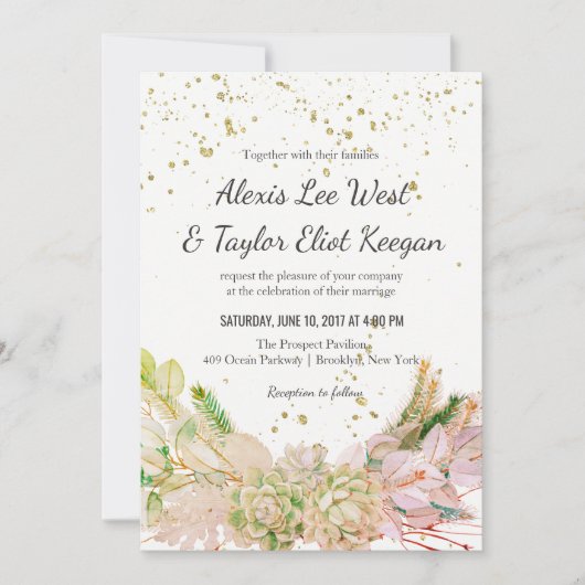 Invitation Mariage romantique romantique rose vert or invite (Devant)