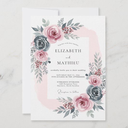 Invitation Mariage Romantique Rose Bleu Ardoise (Devant)