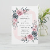Invitation Mariage Romantique Rose Bleu Ardoise (Debout devant)