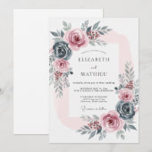 Invitation Mariage Romantique Rose Bleu Ardoise (Devant / Derrière)