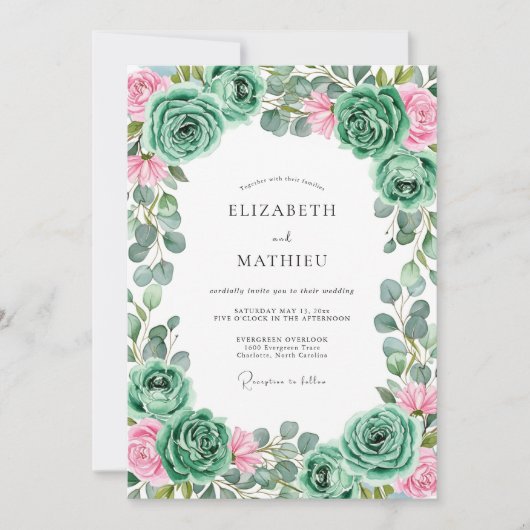 Invitation Mariage Romantique Rose Bleue Verte (Devant)
