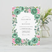Invitation Mariage Romantique Rose Bleue Verte (Debout devant)