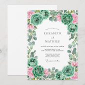 Invitation Mariage Romantique Rose Bleue Verte (Devant / Derrière)