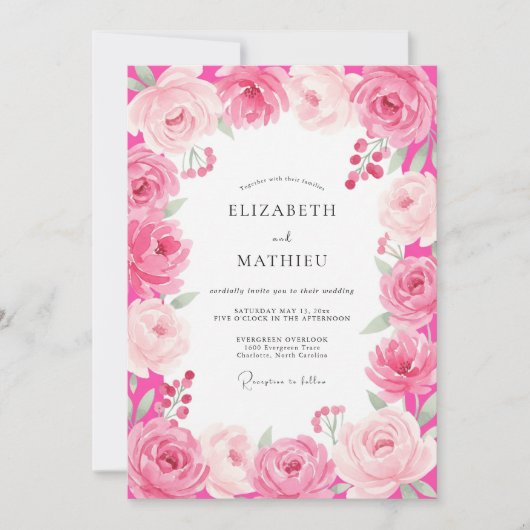 Invitation Mariage Romantique Rose Chaud (Devant)