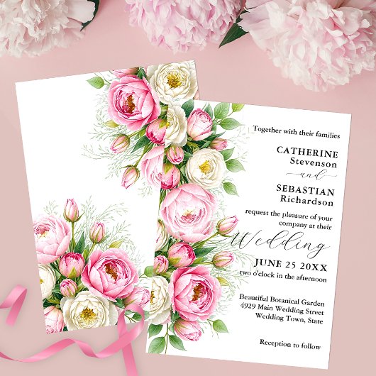 Invitation Mariage romantique rose et blanc de pivoine