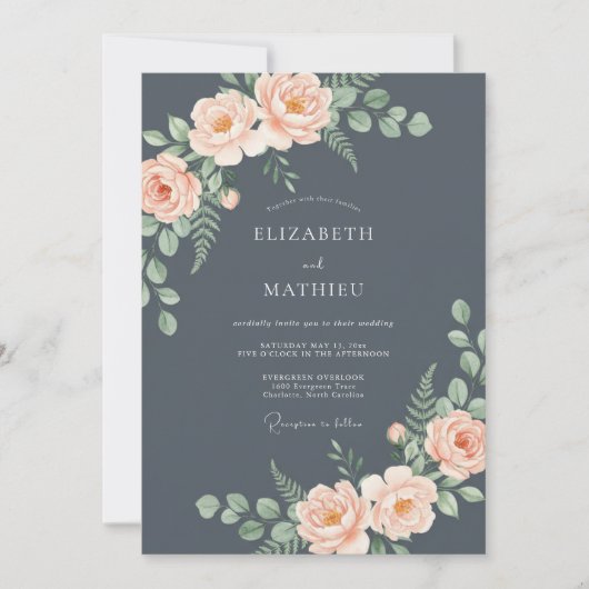 Invitation Mariage Romantique Rose Gris Ardoise (Devant)