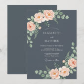 Invitation Mariage Romantique Rose Gris Ardoise (Devant / Derrière)