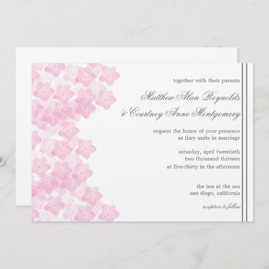 Invitation Mariage romantique rose Hydrangea Aquarelle Invite (Devant / Derrière)