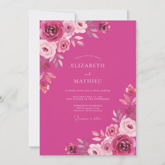Invitation Mariage Romantique Rose Luxuriante Magenta (Devant)
