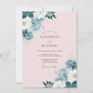 Invitation Mariage Romantique Rose Pâle Bleu Poussiéreux