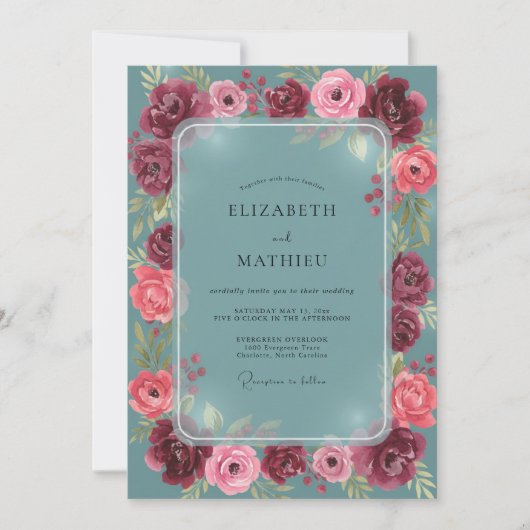 Invitation Mariage Romantique Rose Sarcelle (Devant)