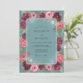 Invitation Mariage Romantique Rose Sarcelle (Debout devant)