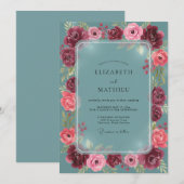 Invitation Mariage Romantique Rose Sarcelle (Devant / Derrière)