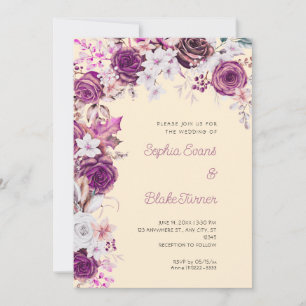 Invitation Mariage Romantique Roses Violettes & Blanches Légè