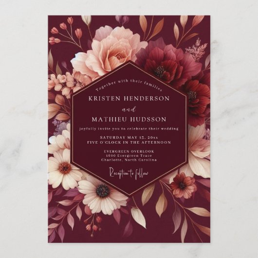 Invitation Mariage Romantique Rouge Bourguignon (Devant)