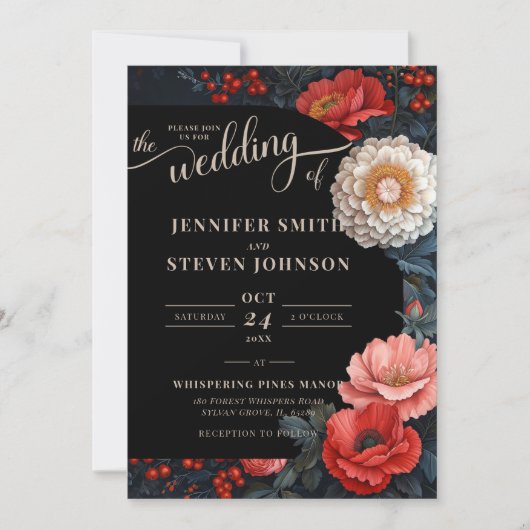 Invitation Mariage romantique rouge et noir floral (Devant)
