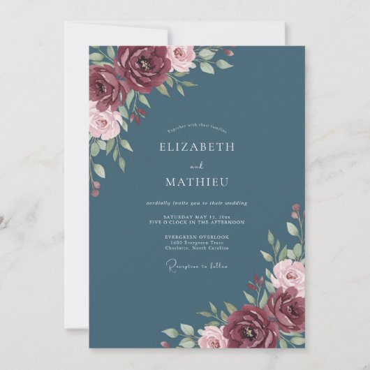 Invitation Mariage Romantique Royal Bleu Ardoise (Devant)