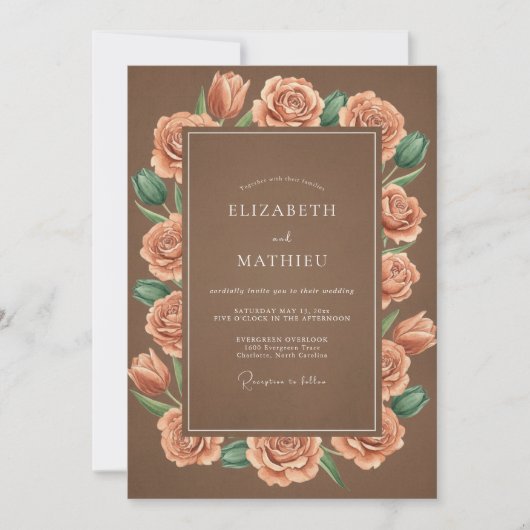 Invitation Mariage Romantique Rustique à Fleur de Corail (Devant)