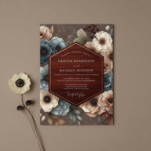 Invitation Mariage Romantique Rustique avec Fleurs de Bourgog