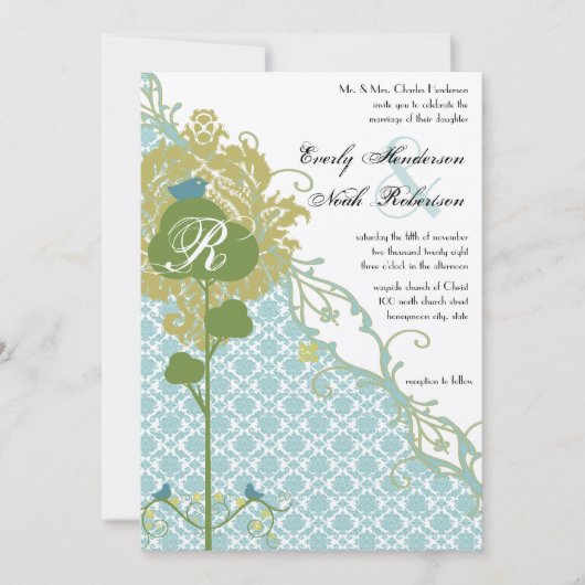 Invitation Mariage Romantique Rustique Oiseaux Menthe Damas (Devant)