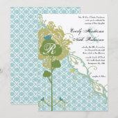 Invitation Mariage Romantique Rustique Oiseaux Menthe Damas (Devant / Derrière)