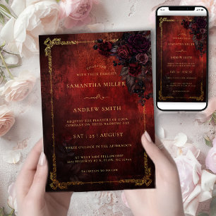 Invitation Mariage Romantique Sombre et Maussade Bourgogne Or