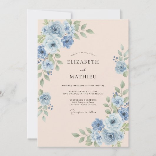 Invitation Mariage Romantique Splendide Bleu Ciel (Devant)
