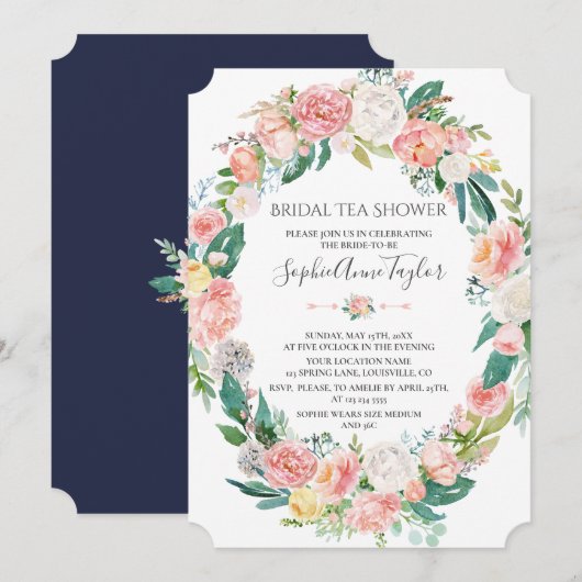 Invitation Mariage Romantique Tea Shower Fleurs Blanches (Devant / Derrière)