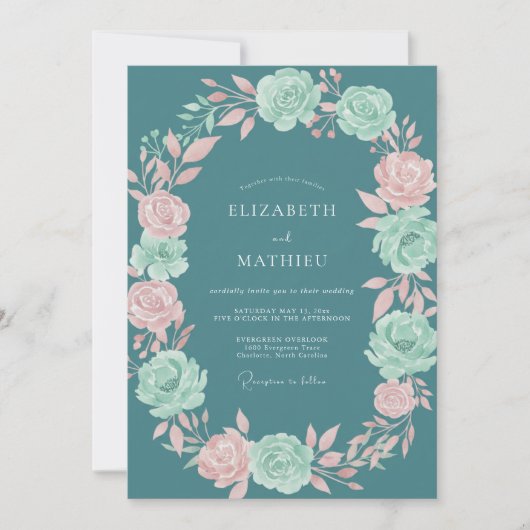 Invitation Mariage Romantique Teal Bloom (Devant)