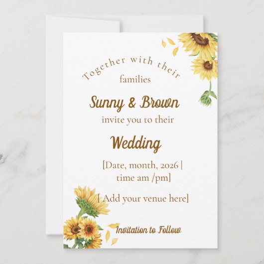 Invitation Mariage Romantique Tournesol Rustique Jaune (Devant)